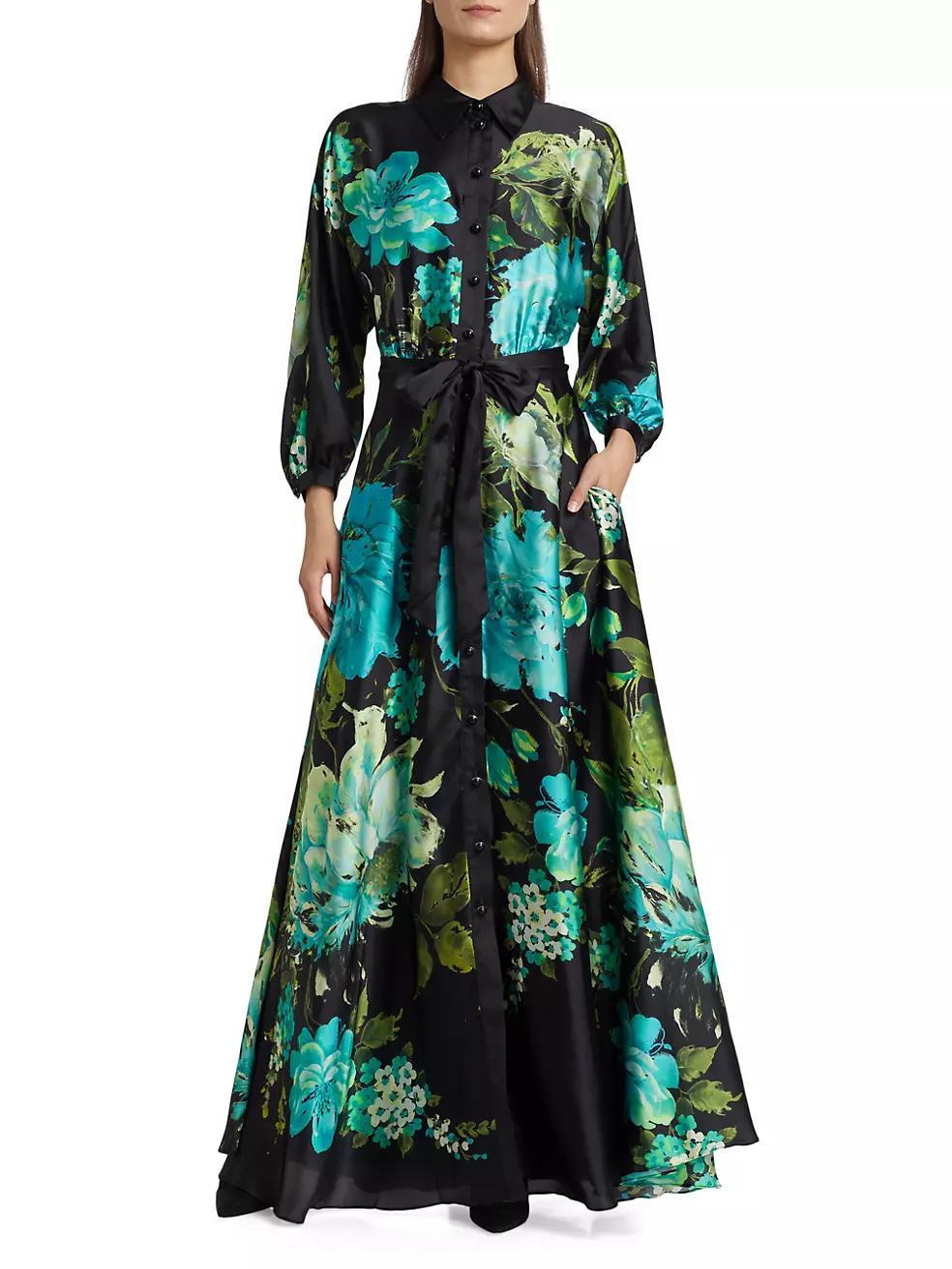 Floral Satin Tie-Waist A-Line Gown Product Image