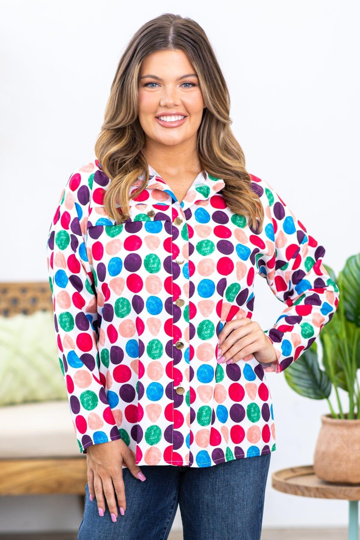 White Multicolor Polka Dot Roll Sleeve Top Product Image