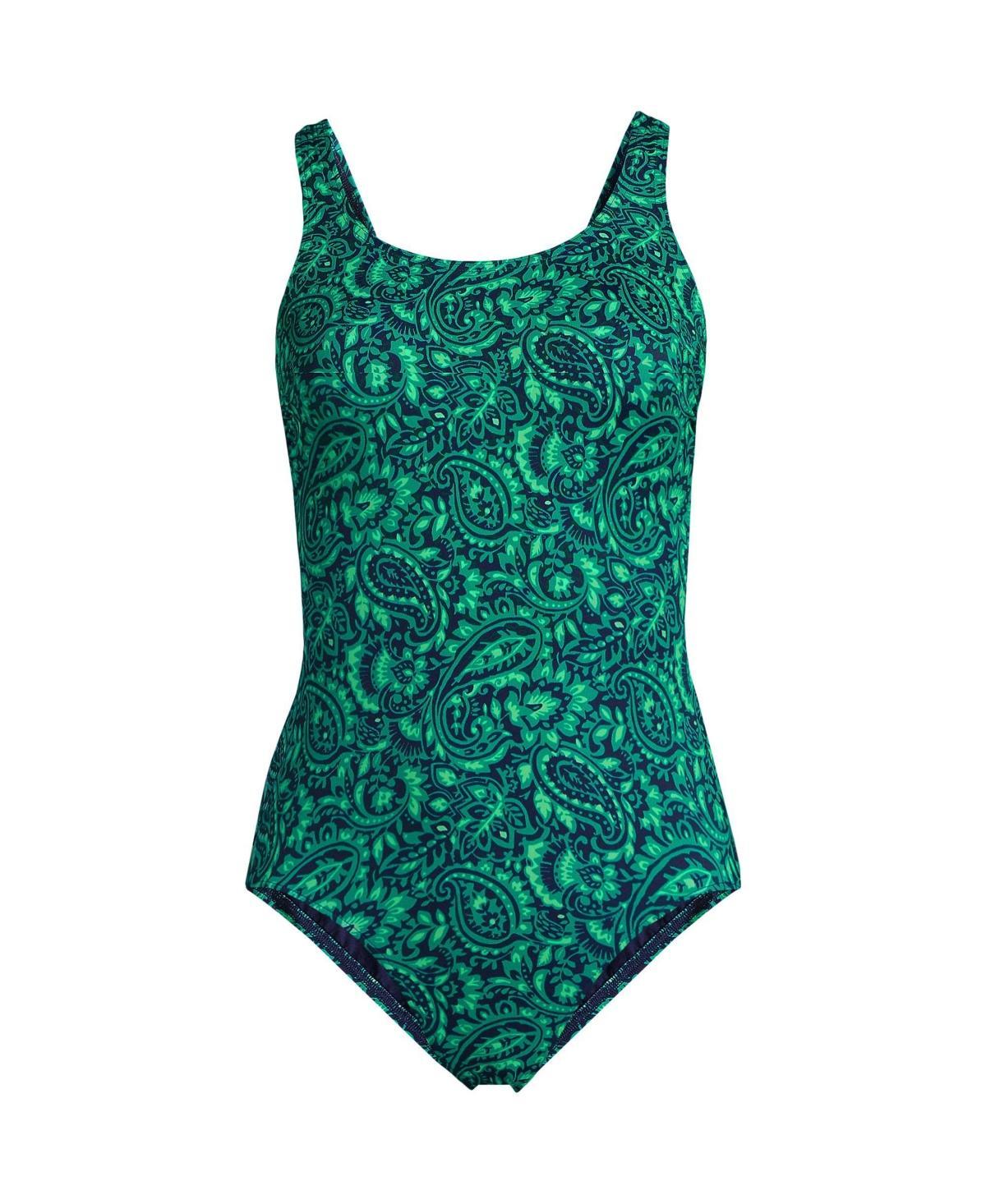 Womens Lands End Tugless Sporty UPF 50 One-Piece Swimsuit Navy Green Paisley Product Image