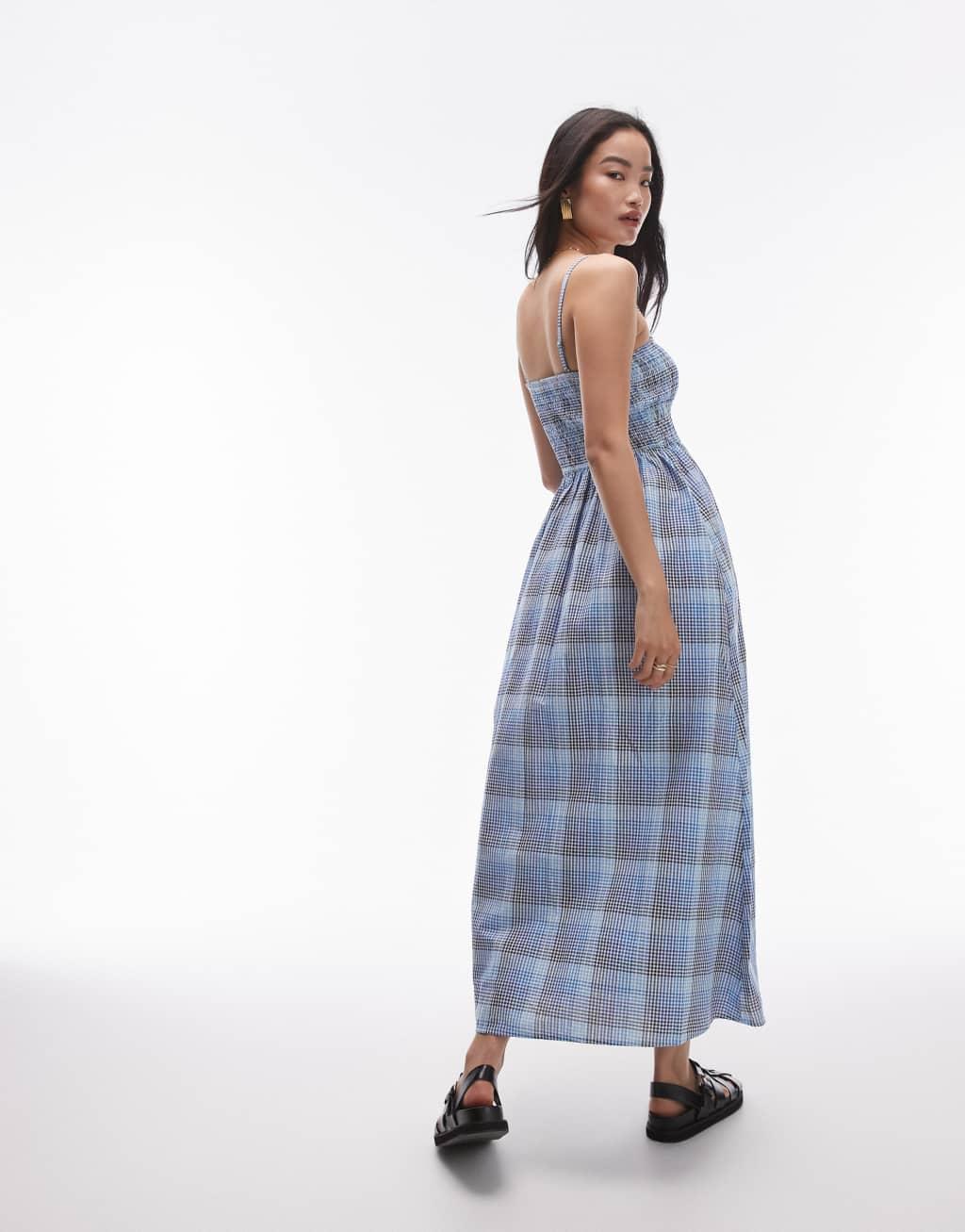 Topshop seersucker check shirred midi dress in blue check Product Image