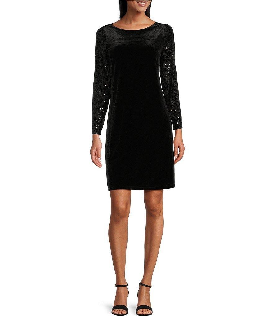 Marina Round Crew Neck Sequin Sleeve Velvet Flare Dress product image