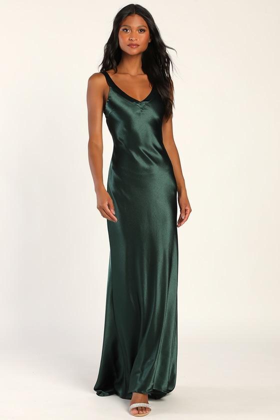 Perfectly Classy Emerald Green Satin Strappy Maxi Dress Product Image