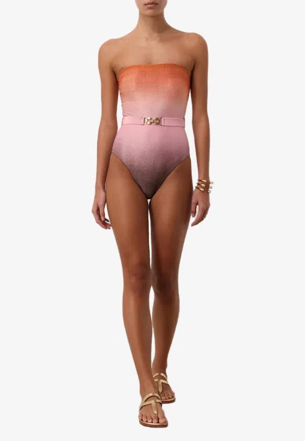 ZIMMERMANN Golden Strapless Metallic Lurex One-piece Swimsuit In Multicolor Product Image