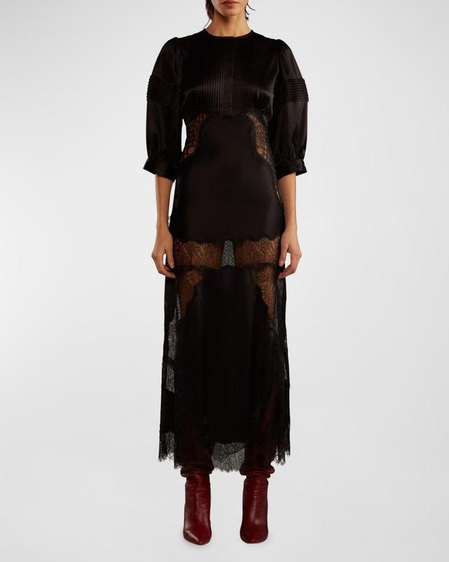 Blouson-Sleeve Lace & Silk Charmeuse Midi Dress Product Image