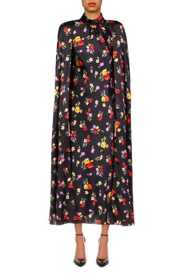 Black And Red Tulip Printed Silk Satin Cape Dress Product Image