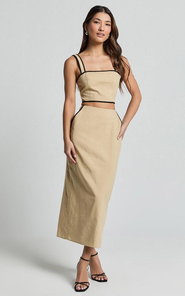 Rita Two Piece Set - Linen Look Contrast Crop Top and Pencil Midi Skirt Set in Sand/Black Product Image