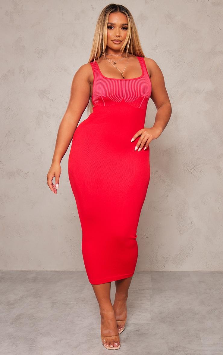 Shape Red Snatched Rib Contrast Midi Dress Product Image