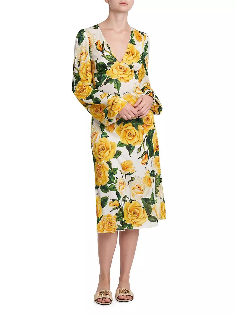 Rose Print V-Neck Midi-Dress Product Image