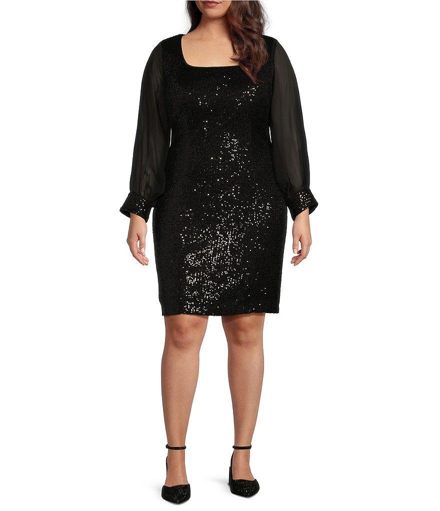 Alex Evenings Plus Size Square Neck Long Illusion Sleeve Sequin Sheath Dress product image