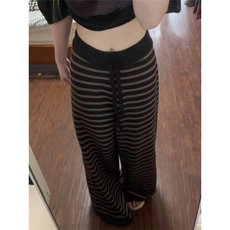 Drawstring Waist Striped Knit Wide Leg Pants Product Image