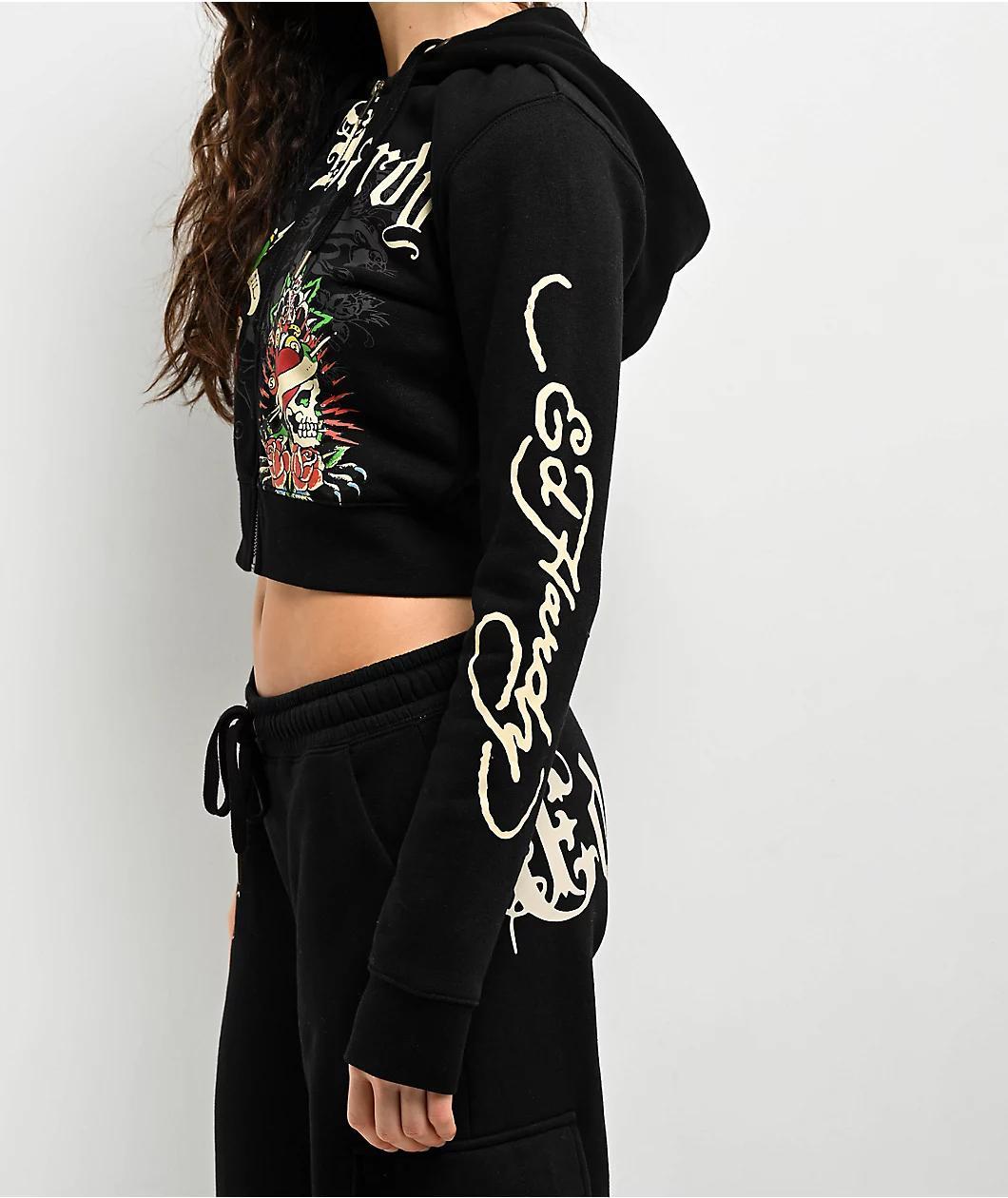 Ed Hardy Rose Skull Black Crop Zip Hoodie Product Image