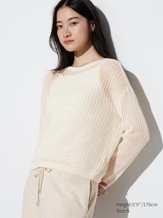 Womens Mesh Crew Neck Long-Sleeve Sweater Off White Small UNIQLO US Product Image