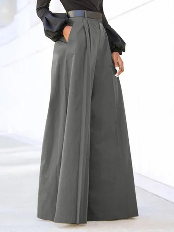 High Waisted Loose Pleated Solid Color Split-Joint Pants Trousers Product Image