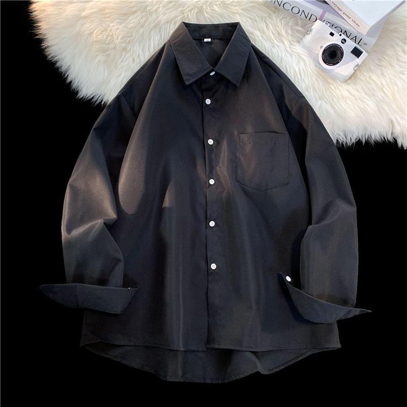 Long-Sleeve Plain Button-Up Shirt Product Image