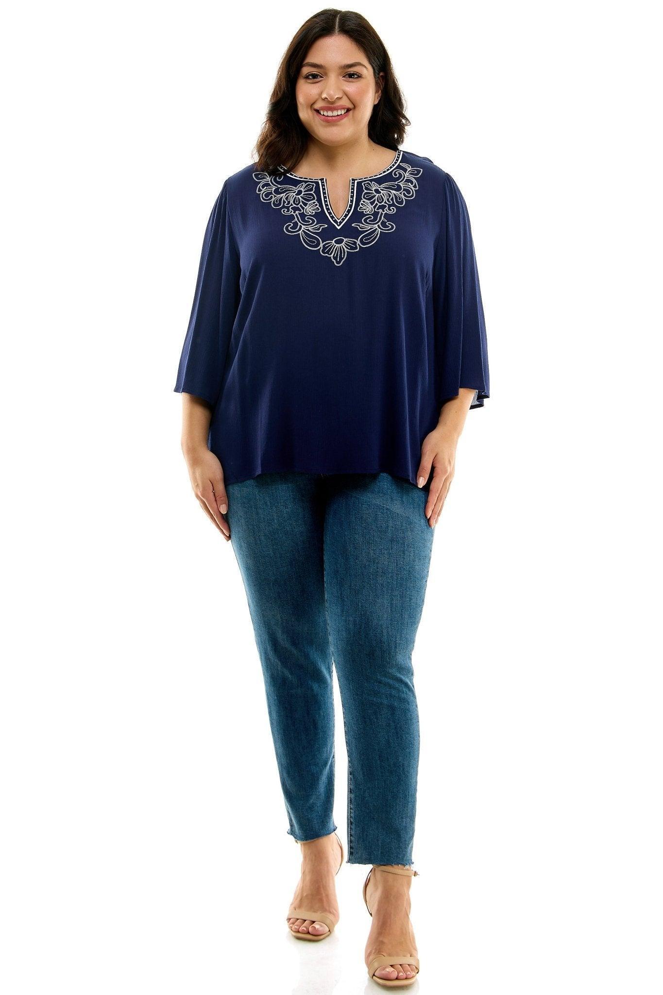 Roz & Ali 3/4 Sleeve Embroidered Top - Plus Female Product Image