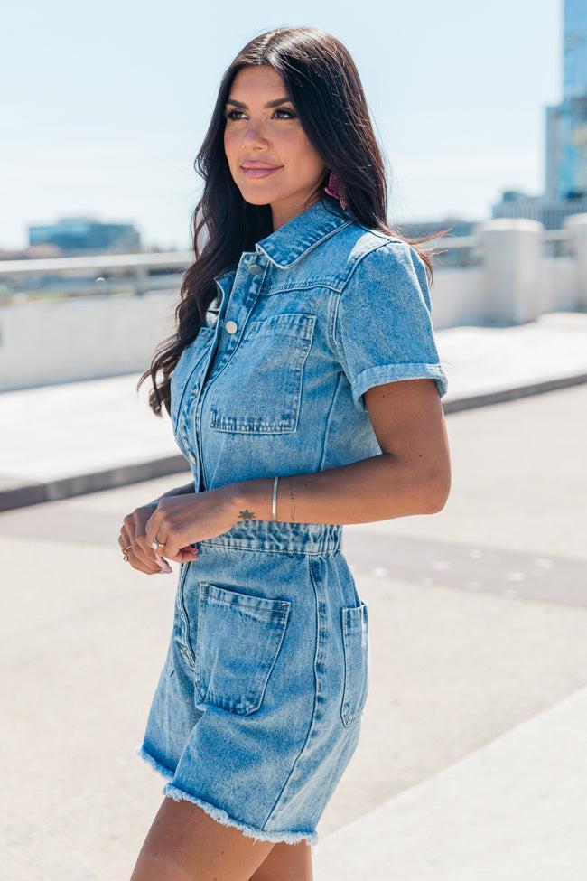 Riding Around Medium Wash Denim Raw Hem Romper Product Image