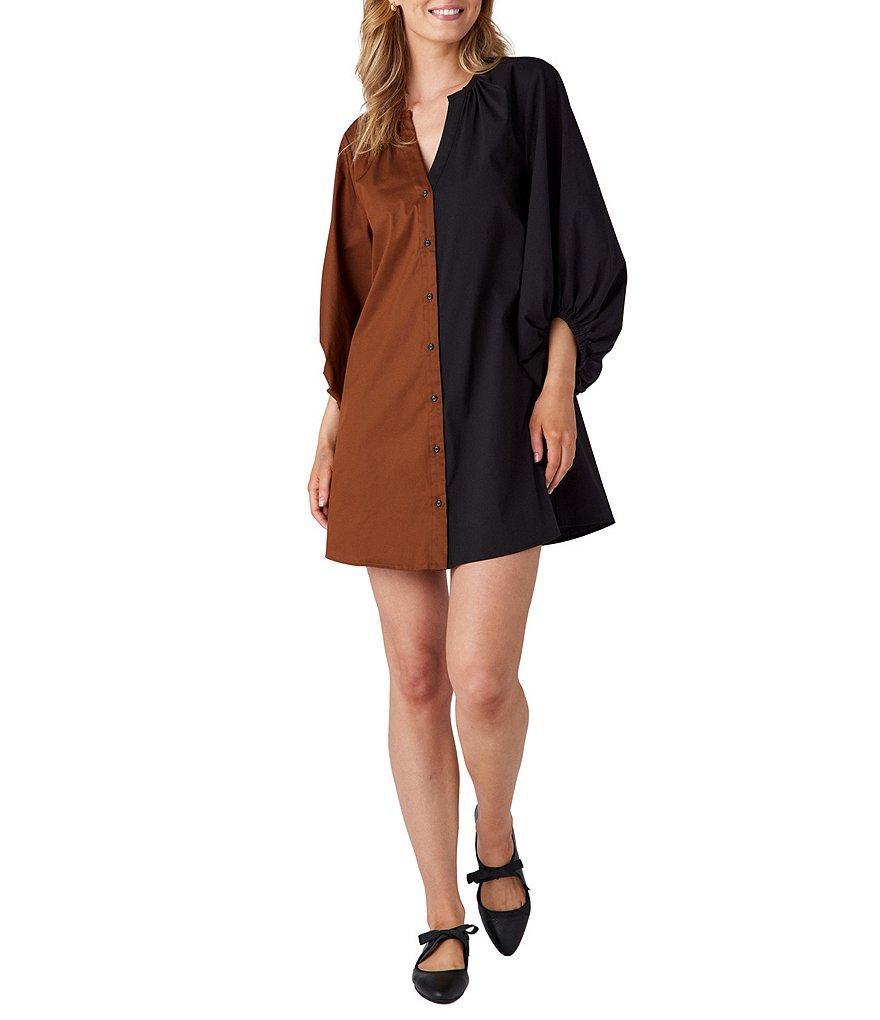 CROSBY by Mollie Burch Liv Color block Split Round Neck 3/4 Sleeve Button Front Mini Shirt Dress Product Image