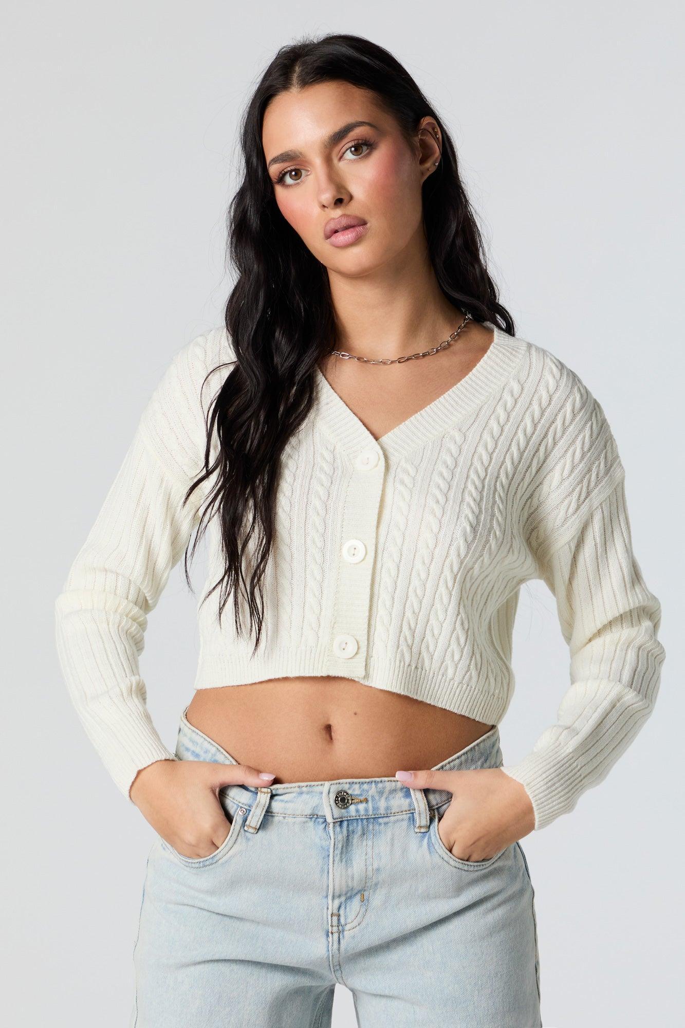 Cable Knit Button-Up Cropped Cardigan Female Product Image