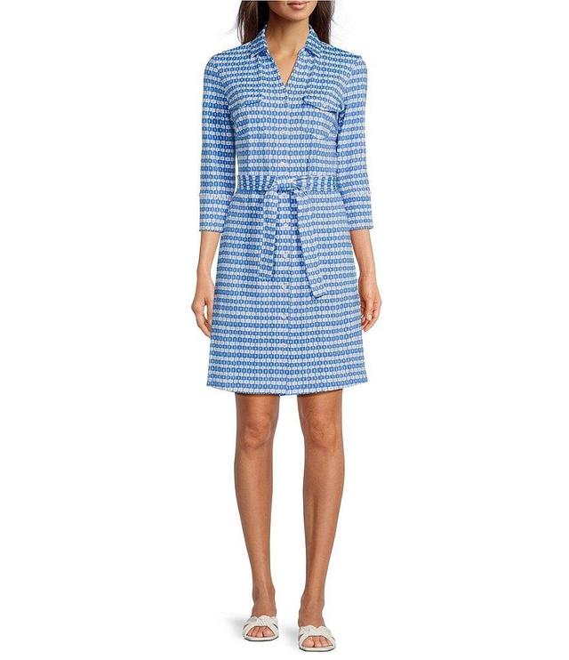 J.McLaughlin Brynn Geo Print Jersey Knit Collared V-Neck 3/4 Sleeve Chest Pocket Belted Shirt Dress Product Image