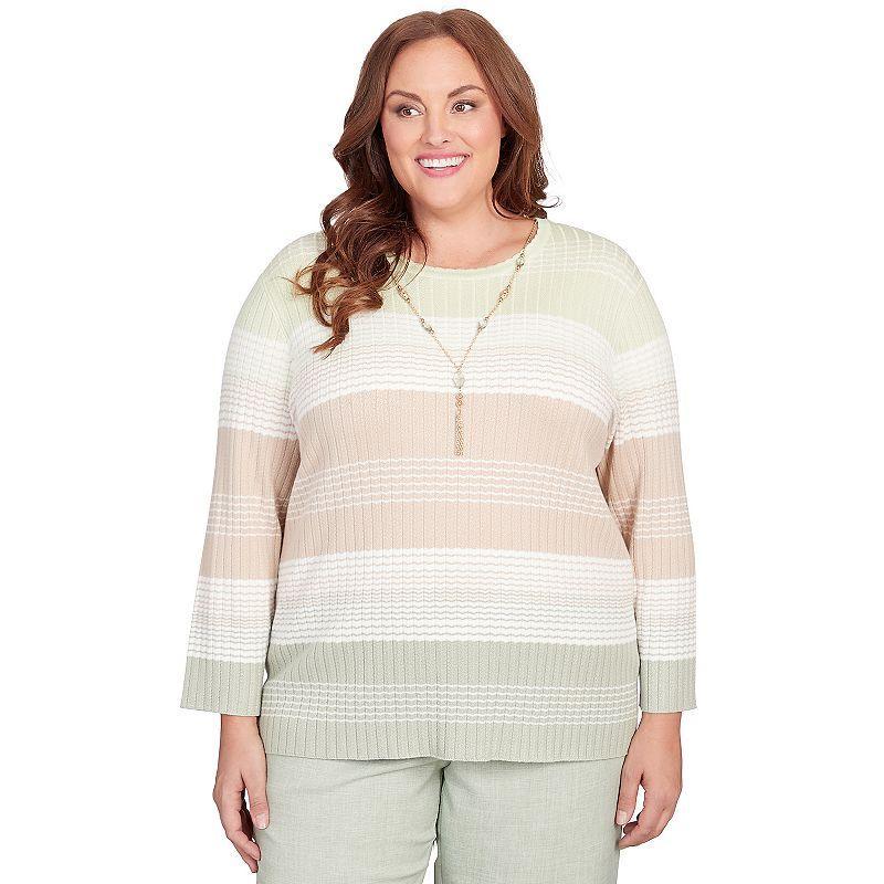 Plus Size Alfred Dunner Striped Ribbed Crewneck Sweater with Necklace, Womens Product Image