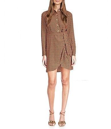 MICHAEL Michael Kors Printed Button Down Collar Tie Waist Long Sleeve Shirt Dress Product Image