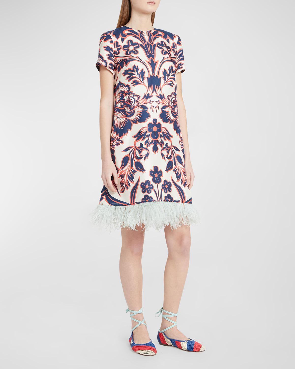 Patterned Mini Swing Dress with Feather Trim Product Image