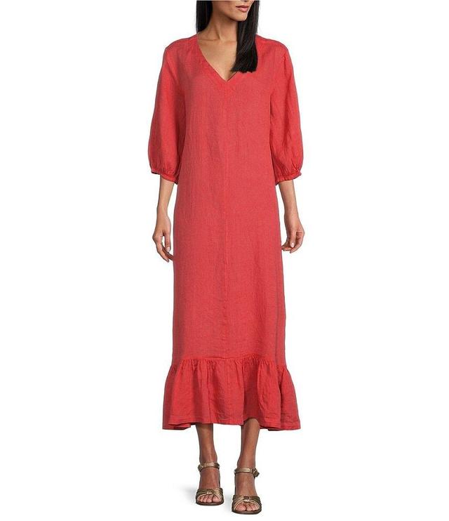 Bryn Walker Lana Cross-Dyed Linen V-Neck 3/4 Puff Sleeve Ruffle Hem Shift Maxi Dress Product Image