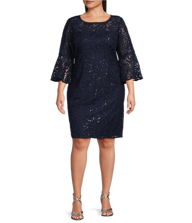 Alex Evenings Plus Size 3/4 Bell Sleeve Illusion Crew Neck Lace Sheath Dress Product Image