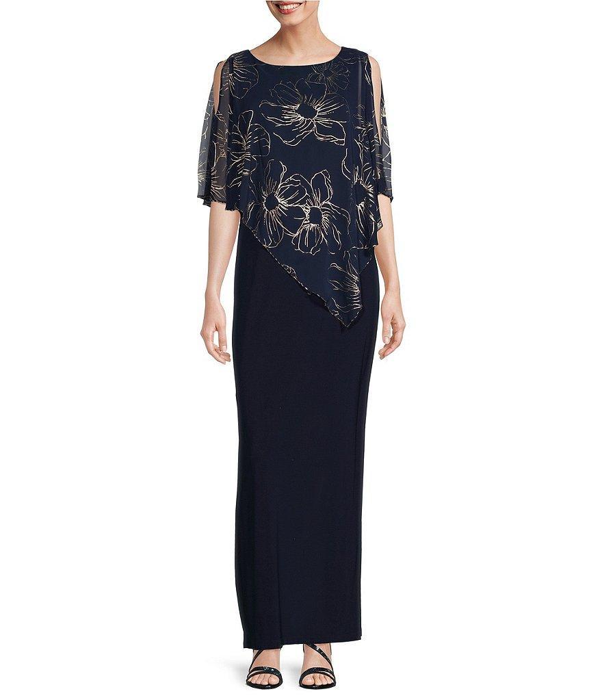 Ignite Evenings Short Caplet Sleeve Round Neck Asymmetric Floral Overlay Long Dress Product Image