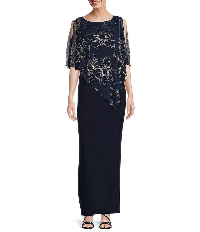 Ignite Evenings Short Caplet Sleeve Round Neck Asymmetric Floral Overlay Long Dress Product Image