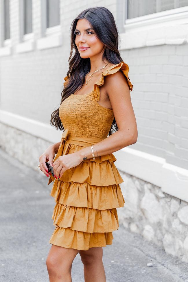 Still Have Time Mustard Tiered Ruffle Belted Mini Dress FINAL SALE Product Image