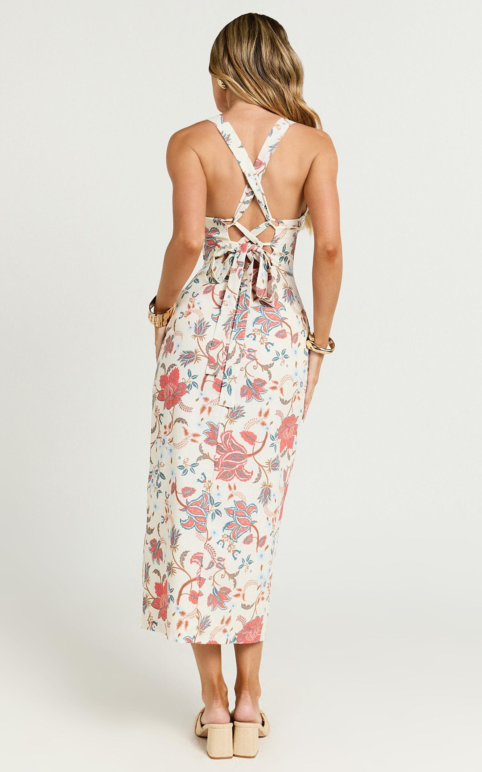 Drew Midi Dress - Linen Look Cross Back Bustier Dress in Summer Chintz Product Image