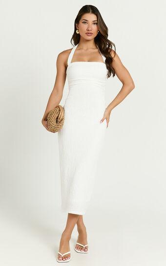 Lila Maxi Dress - Halterneck Ruched Bodycon Dress in Off White Product Image