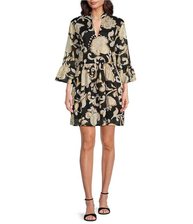 Jude Connally Faith Grand Floral Print Cotton Voile Banded Collar 3/4 Bell Sleeve A-Line Dress Product Image