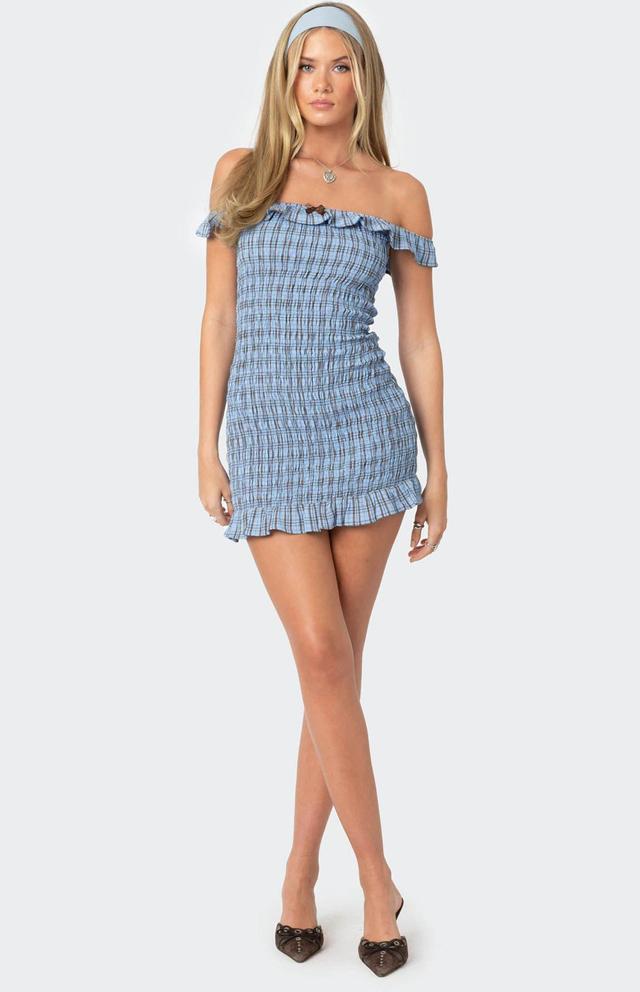 Edikted Women's Off Shoulder Scrunched Plaid Mini Dress Product Image