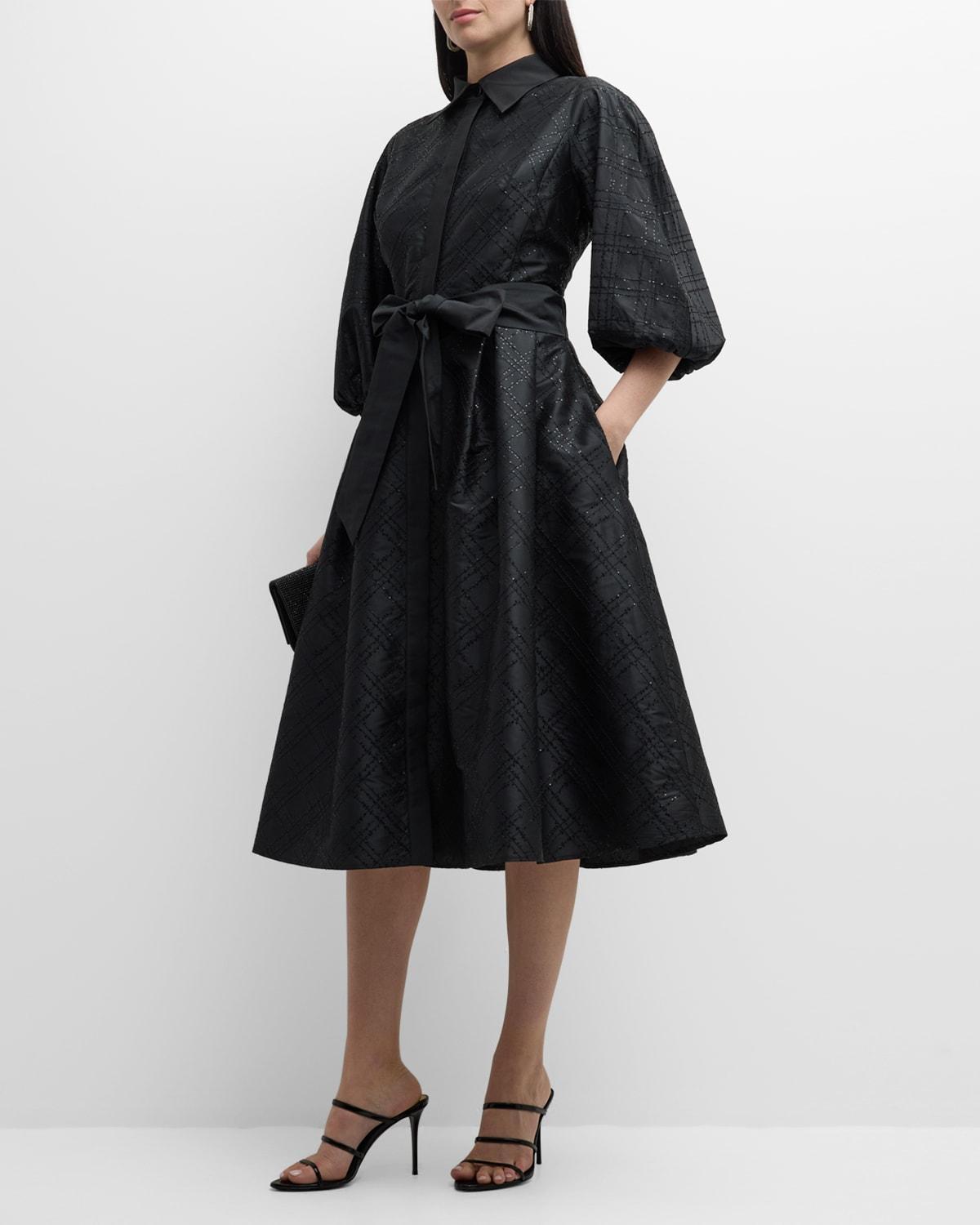 Womens Sequined Taffeta Puff-Sleeve Midi Shirtdress product image