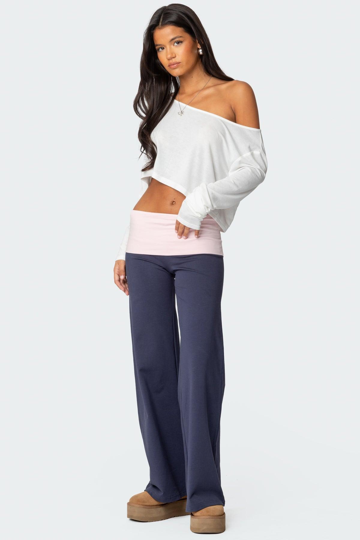 Wide Leg Contrast Fold Over Pants Product Image