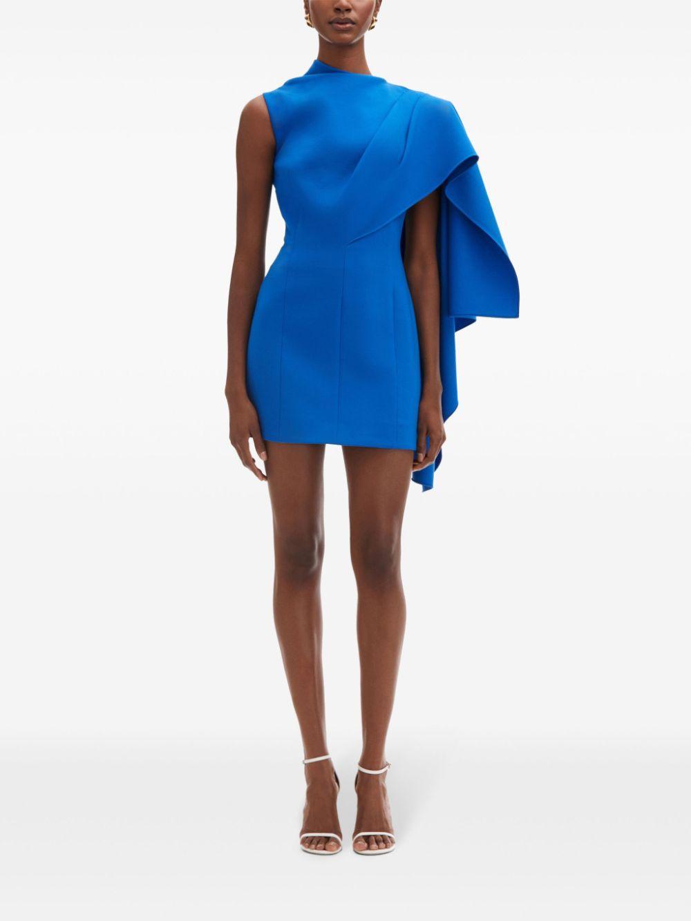 OSCAR DE LA RENTA One Shoulder Cape Detail  Stretch Wool Dress In Lapis Product Image