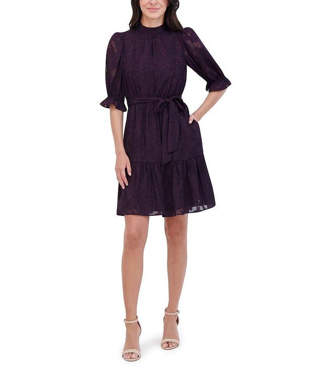 Eliza J Novelty Chiffon Mock Neck Short Puff Shoulder Sleeve Flounce Trim Tie Waist Mini Dress Product Image