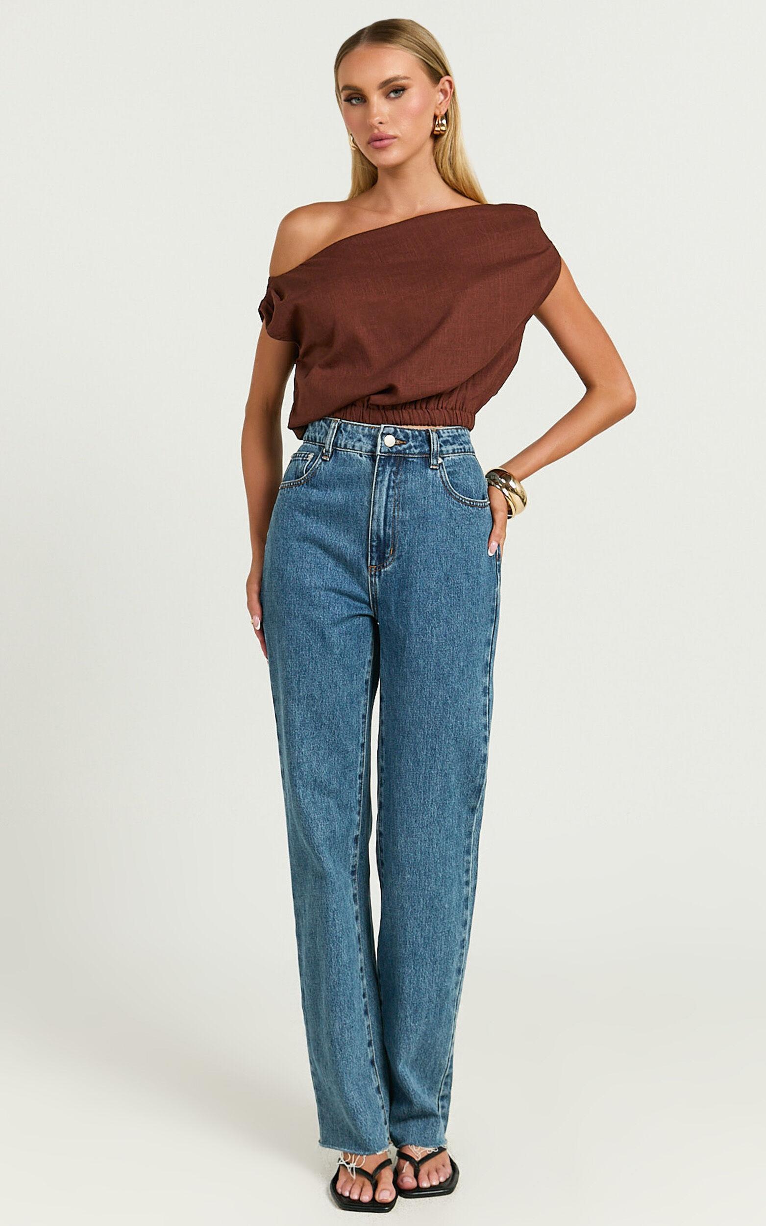 Collins Top - Draped Asymmetrical Neckline Top in Chocolate Product Image