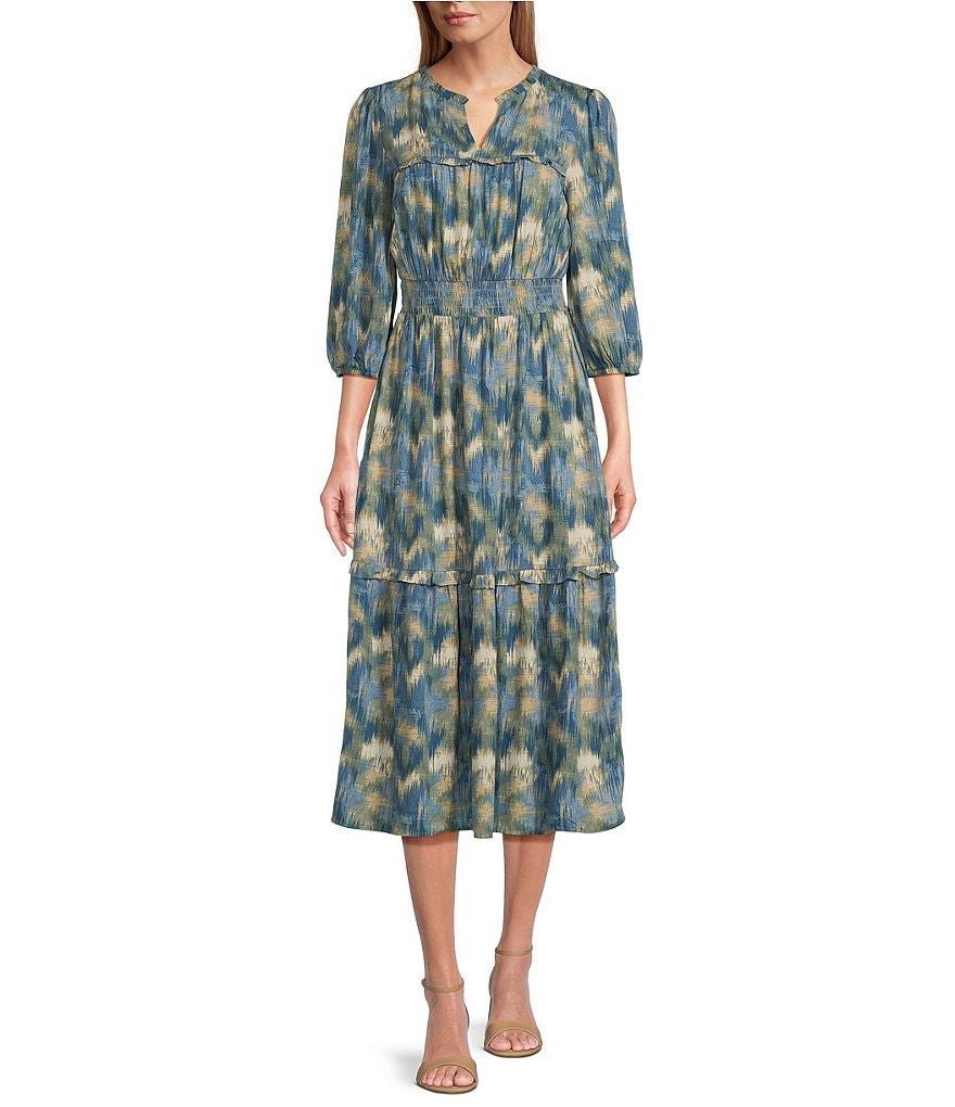 Nurture by Westbound Abstract Print 3/4 Sleeve Notch Neck Abstract Print Tiered Midi Dress Product Image