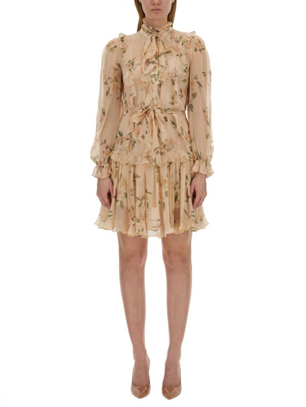 Natura Printed Ruffle Silk Mini Dress In Coral Camellia Product Image