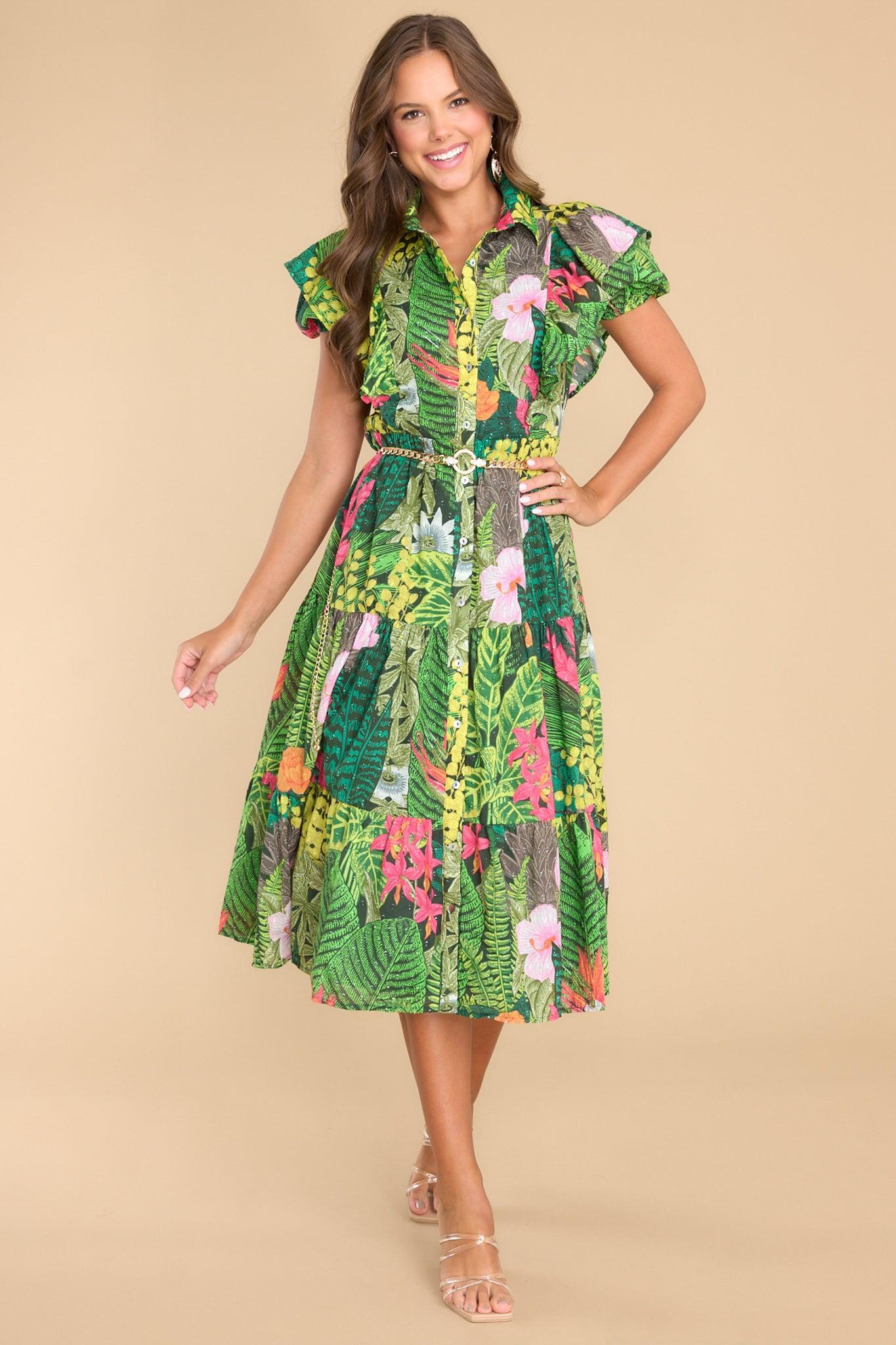 Palms Away Wild Game Green Tropical Print Dress Product Image