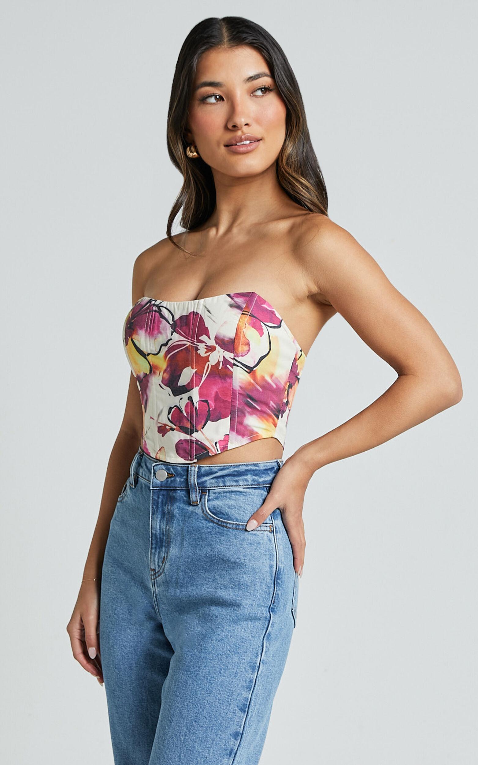 Elizabeth Top - Strapless Corset Crop Top in Dahlia Dusk Floral Product Image