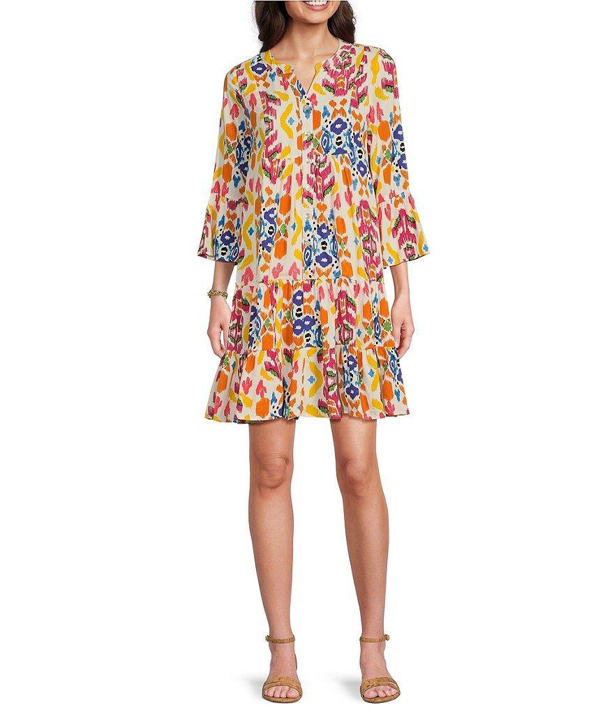 Calessa Abstract Print Banded Split V-Neck Button Front 3/4 Sleeve Straight Hem Dress product image