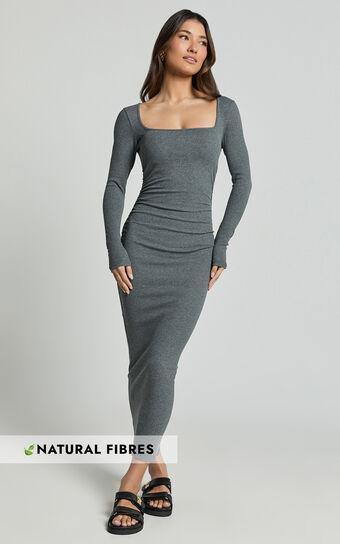 Lucy Midi Dress - Ribbed Side Ruched Bodycon Dress in Charcoal Product Image