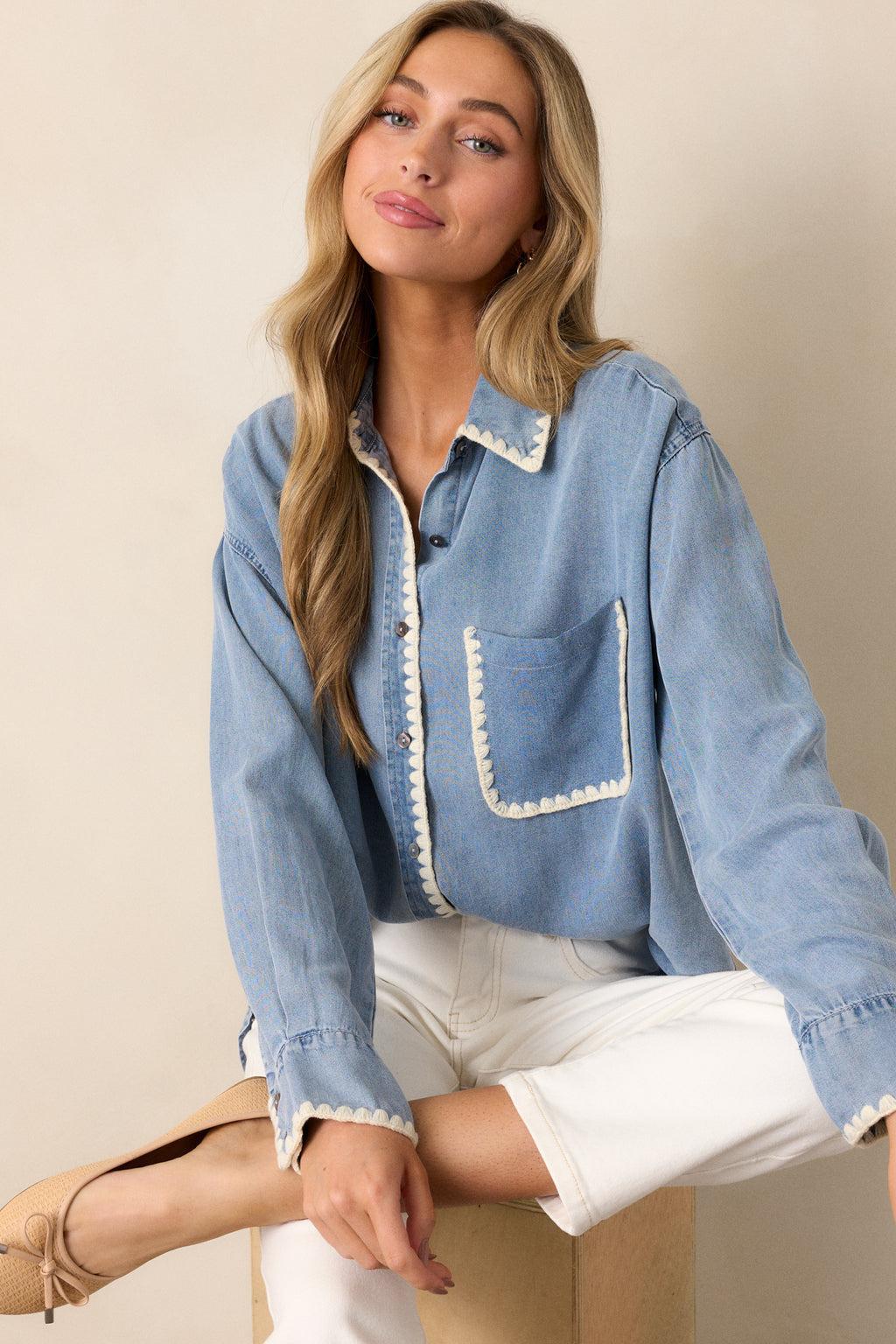 Cool Breezes Light Chambray Button Front Top Product Image