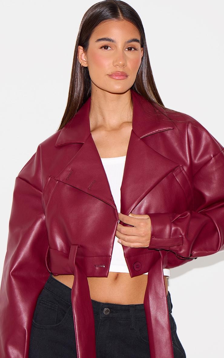 Burgundy Faux Leather Cropped Biker Jacket Product Image