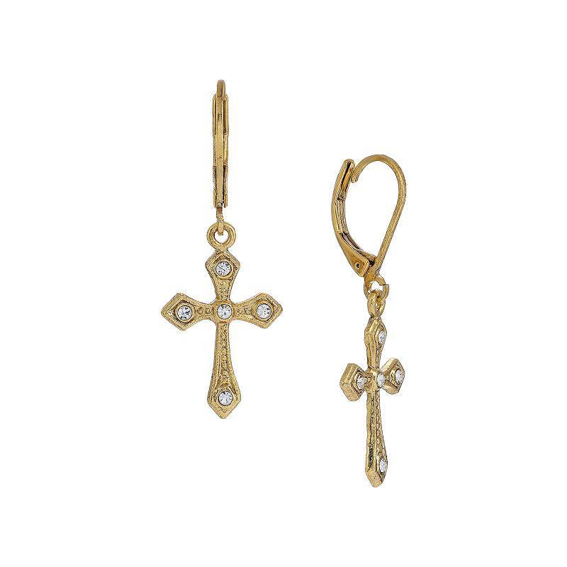 1928 Gold Tone Crystal Cross Drop Earrings, Womens, White Product Image