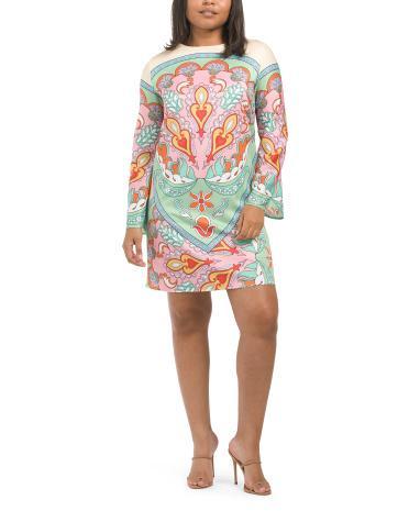 Paisley Bell Sleeve Shift Mini Dress for Women Product Image